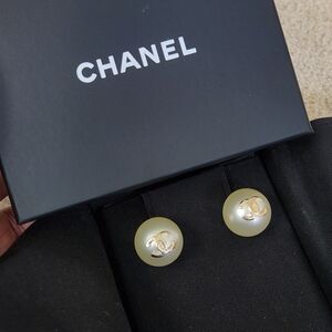 CHANEL Gold Logo Pearl Earrings